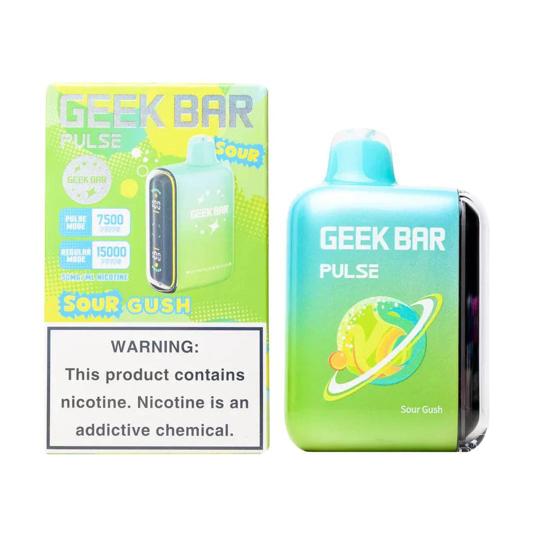 Geek Bar Pulse 15000 sour gush vape pod showing the colorful, cylindrical device with flavor branding and vibrant design.