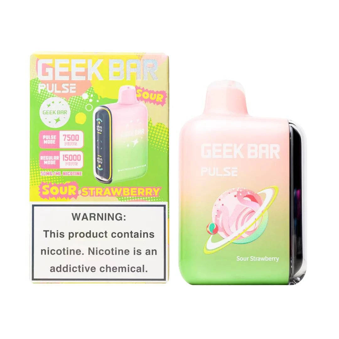 Geek Bar Pulse 15000 sour strawberry flavored disposable vape device with colorful packaging and sleek design.