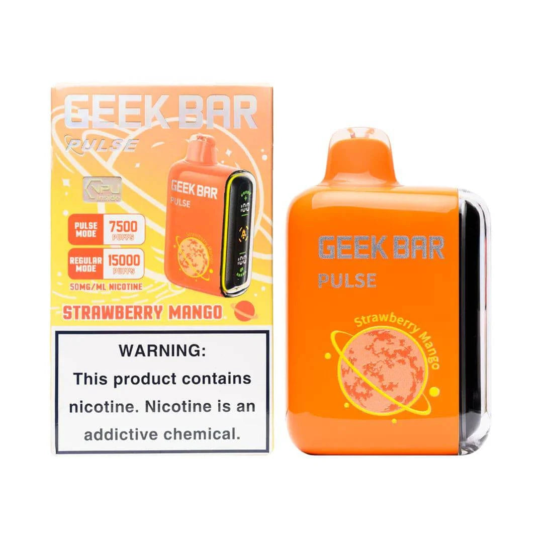 Geek Bar Pulse 15000 vape device with strawberry mango flavor, featuring a sleek design and vibrant colors.