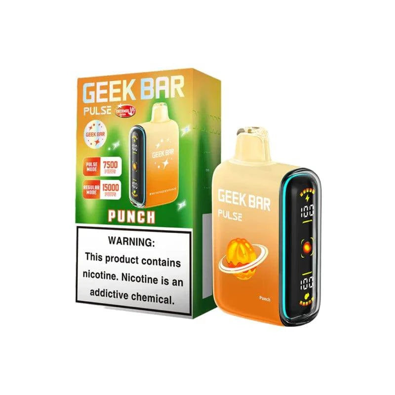 Geek Bar Pulse 15000 disposable vape device with colorful packaging and sleek design.