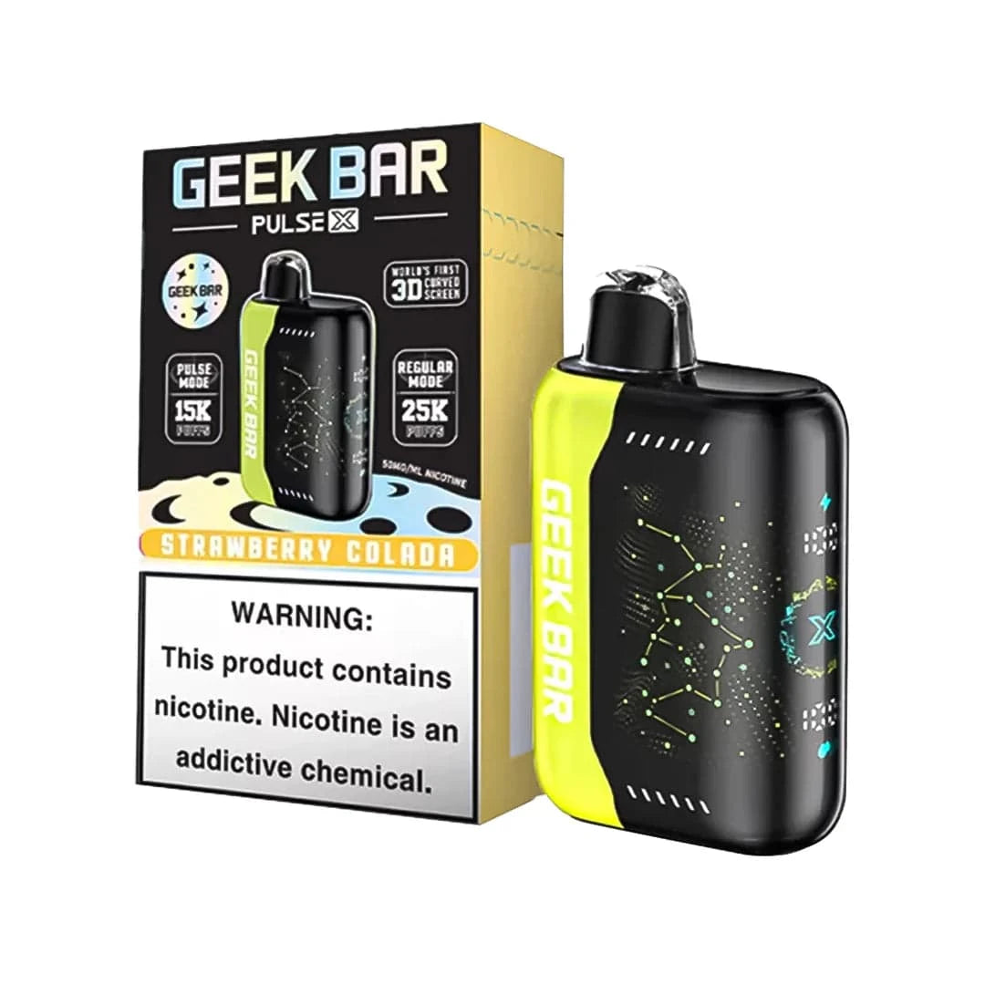 Geek Bar Pulse X 25K disposable vape in strawberry colada flavor, featuring dual modes and over 25,000 puffs.