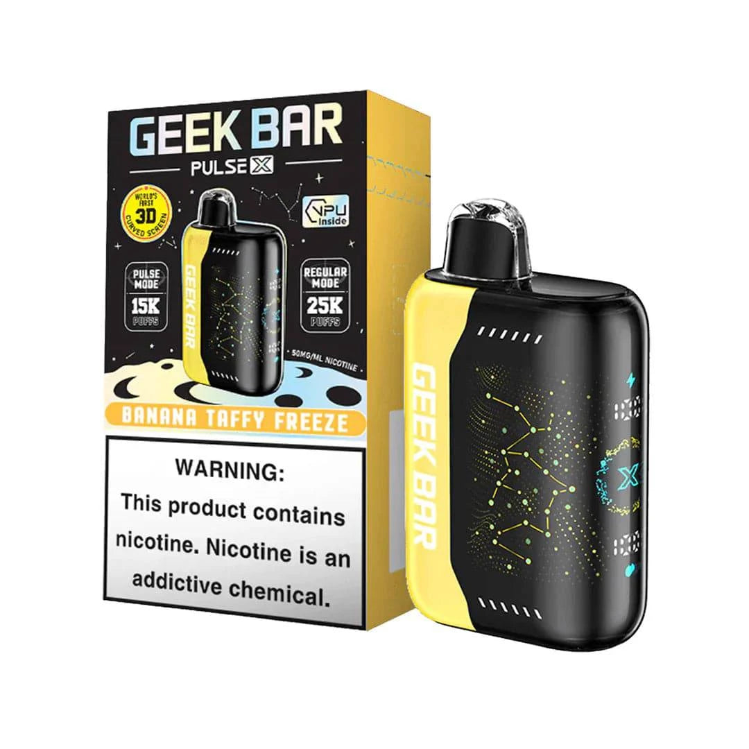 Geek Bar Pulse X 25K disposable vape with banana taffy freeze flavor, featuring dual modes and over 25,000 puffs.