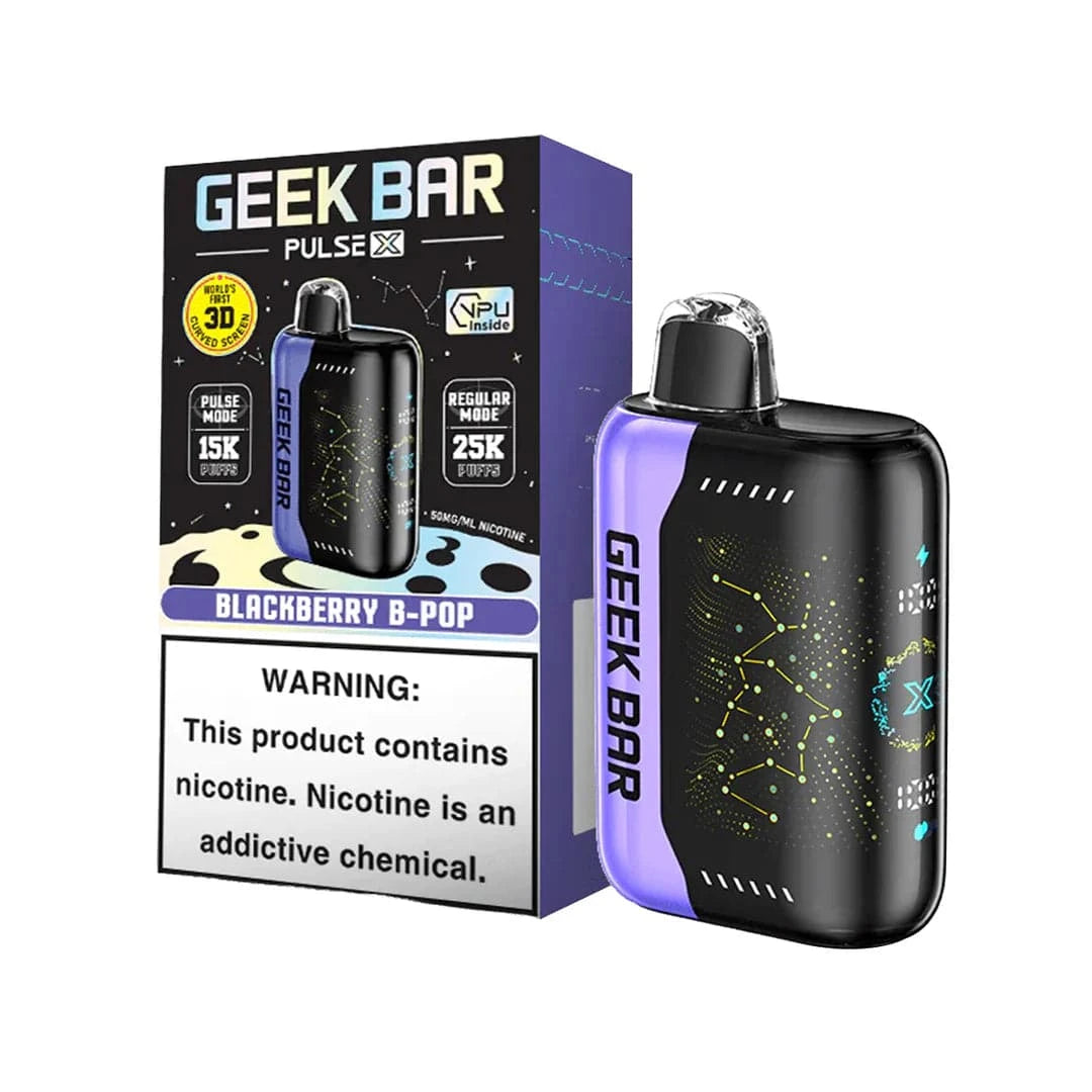 Geek Bar Pulse X 25K disposable vape in Blackberry B Pop flavor, featuring dual modes and over 25,000 puffs.
