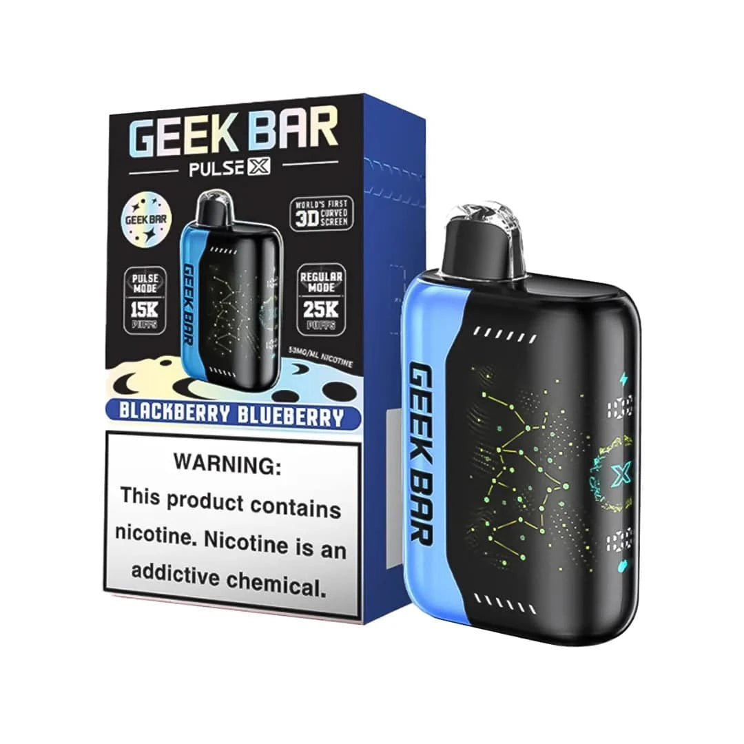 Geek Bar Pulse X 25K disposable vape with Blackberry Blueberry flavor, featuring dual modes and over 25,000 puffs.