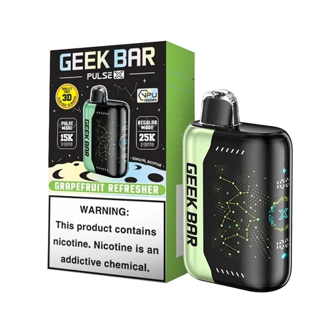 Geek Bar Pulse X 25K disposable vape with grapefruit flavor, featuring dual modes and over 25,000 puffs, shown in the image.