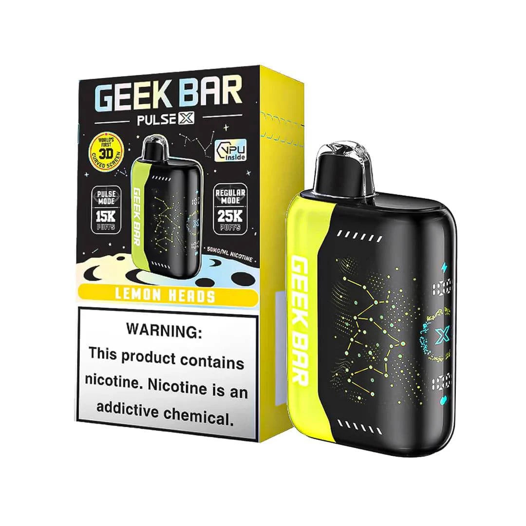 Geek Bar Pulse X 25K disposable vape in Lemon Heads flavor with sleek design and dual modes, offering over 25,000 puffs.