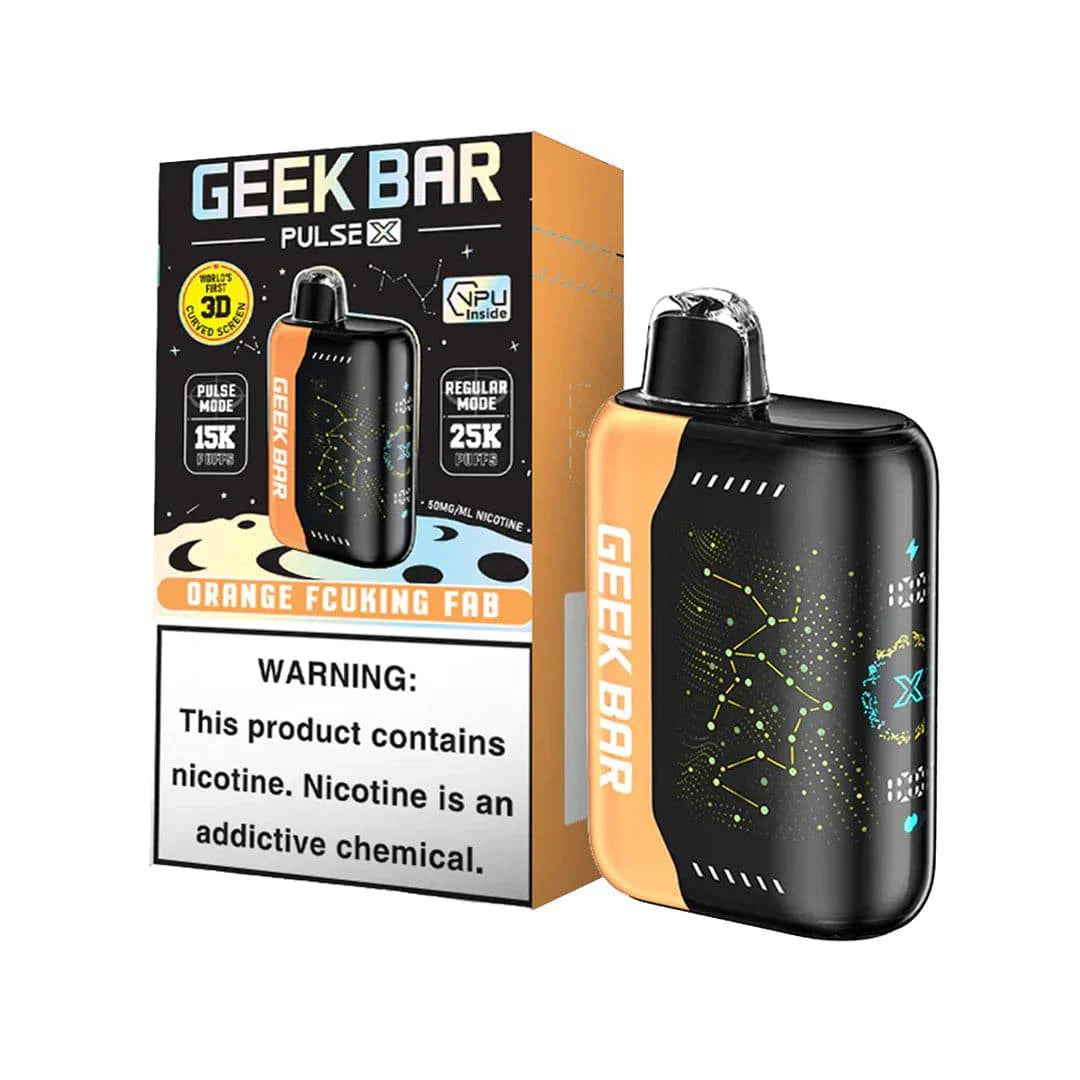Geek Bar Pulse X 25K disposable vape in orange with dual modes and a sleek design, offering over 25,000 puffs.