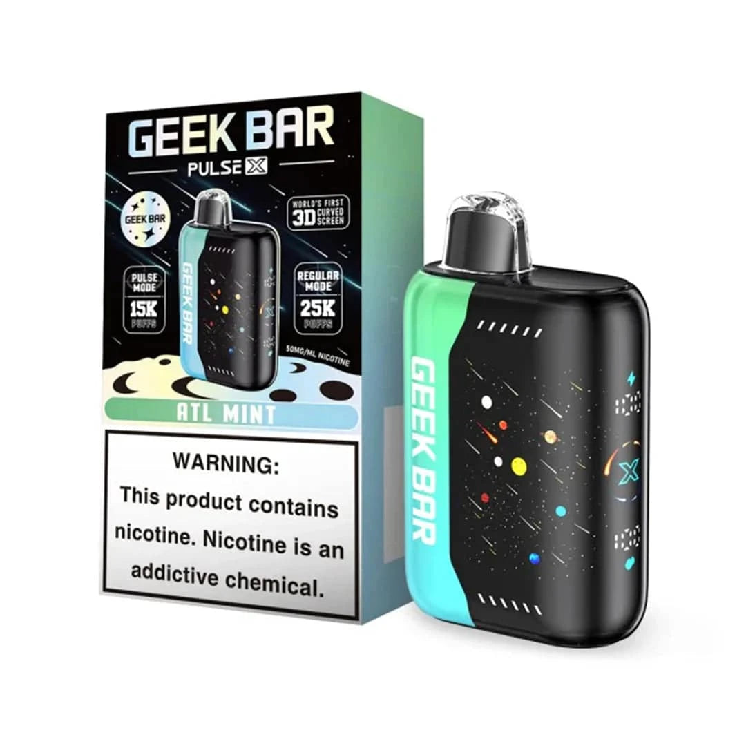 Geek Bar Pulse X 25K disposable vape with ATL Mint flavor, featuring dual modes and over 25,000 puffs in a sleek design.