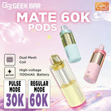 Geek Bar Mate 60K replacement pods for vape devices, showing sleek pod cartridges with vibrant design details.