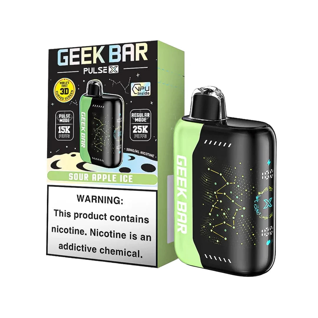 Geek Bar Pulse X 25K disposable vape with Sour Apple Ice flavor, featuring dual modes and over 25,000 puffs.