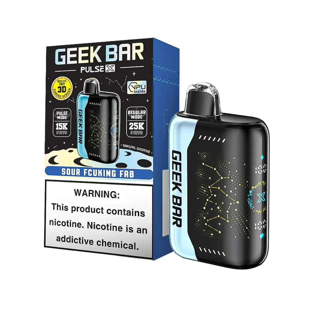 Geek Bar Pulse X 25K disposable vape with dual modes, featuring Sour Fcuking Fab flavor and over 25,000 puffs.