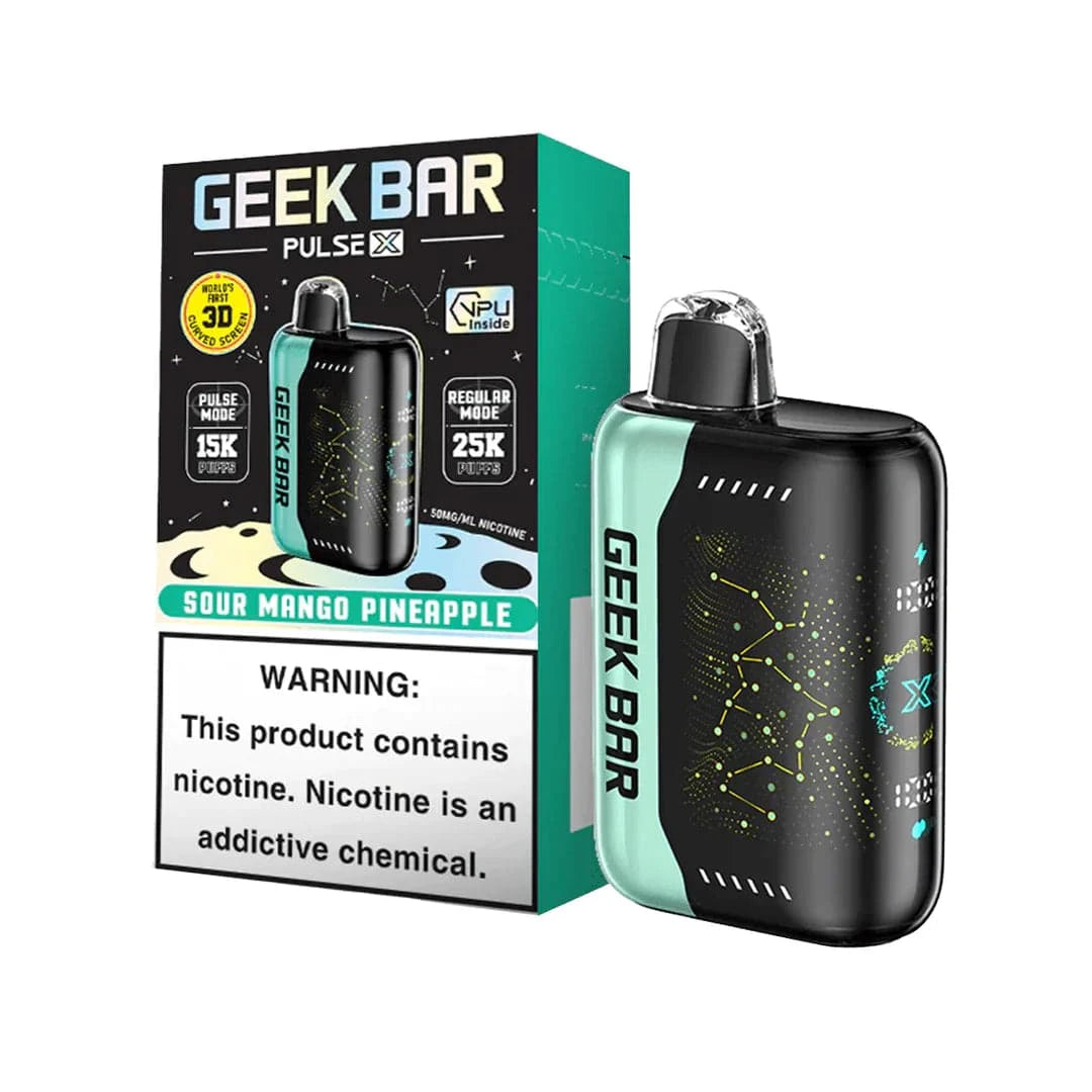 Geek Bar Pulse X 25K disposable vape in Sour Mango Pineapple flavor with dual modes and over 25,000 puffs.