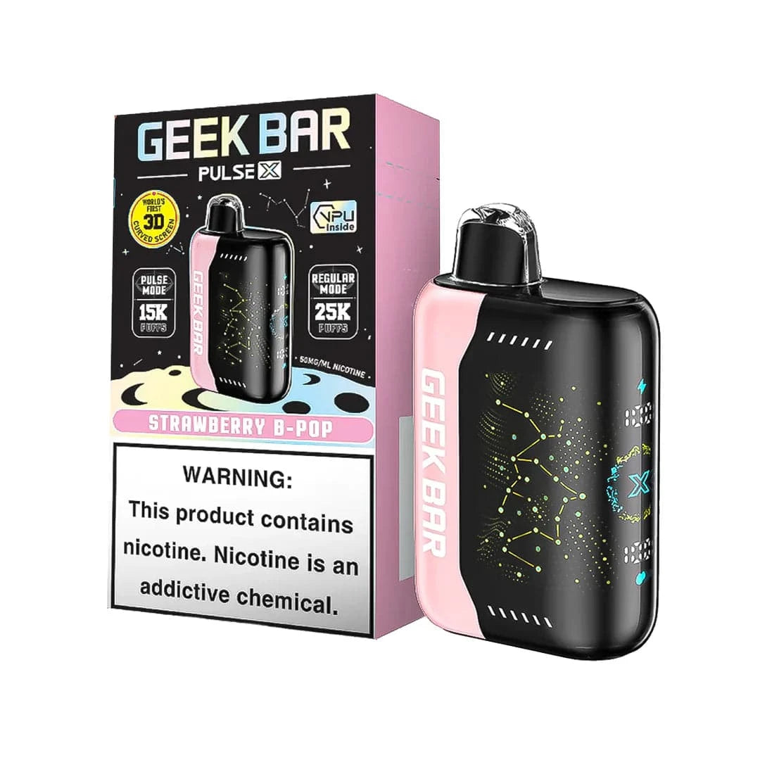 Geek Bar Pulse X 25K disposable vape with strawberry B-Pop flavor, featuring dual modes and over 25,000 puffs.