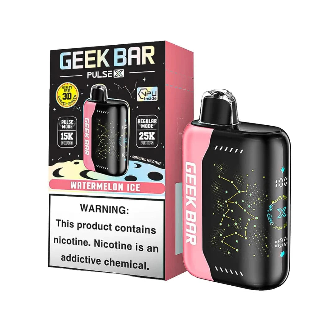 Geek Bar Pulse X 25K disposable vape in Watermelon Ice with dual modes, offering over 25,000 puffs, from Vape Shop Wholesale.