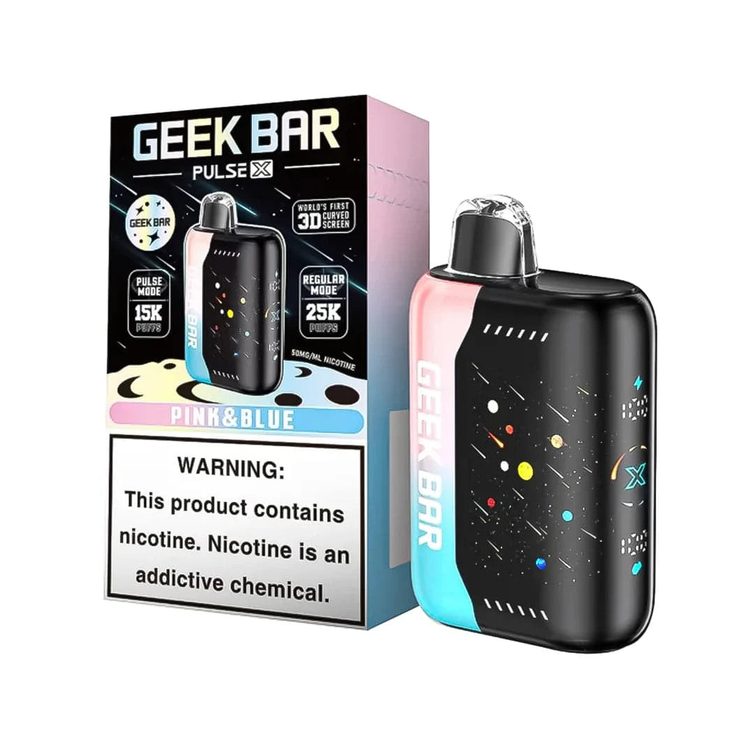 Geek Bar Pulse X 25K disposable vape in pink and blue, featuring dual modes and over 25,000 puffs, by Vape Shop Wholesale.