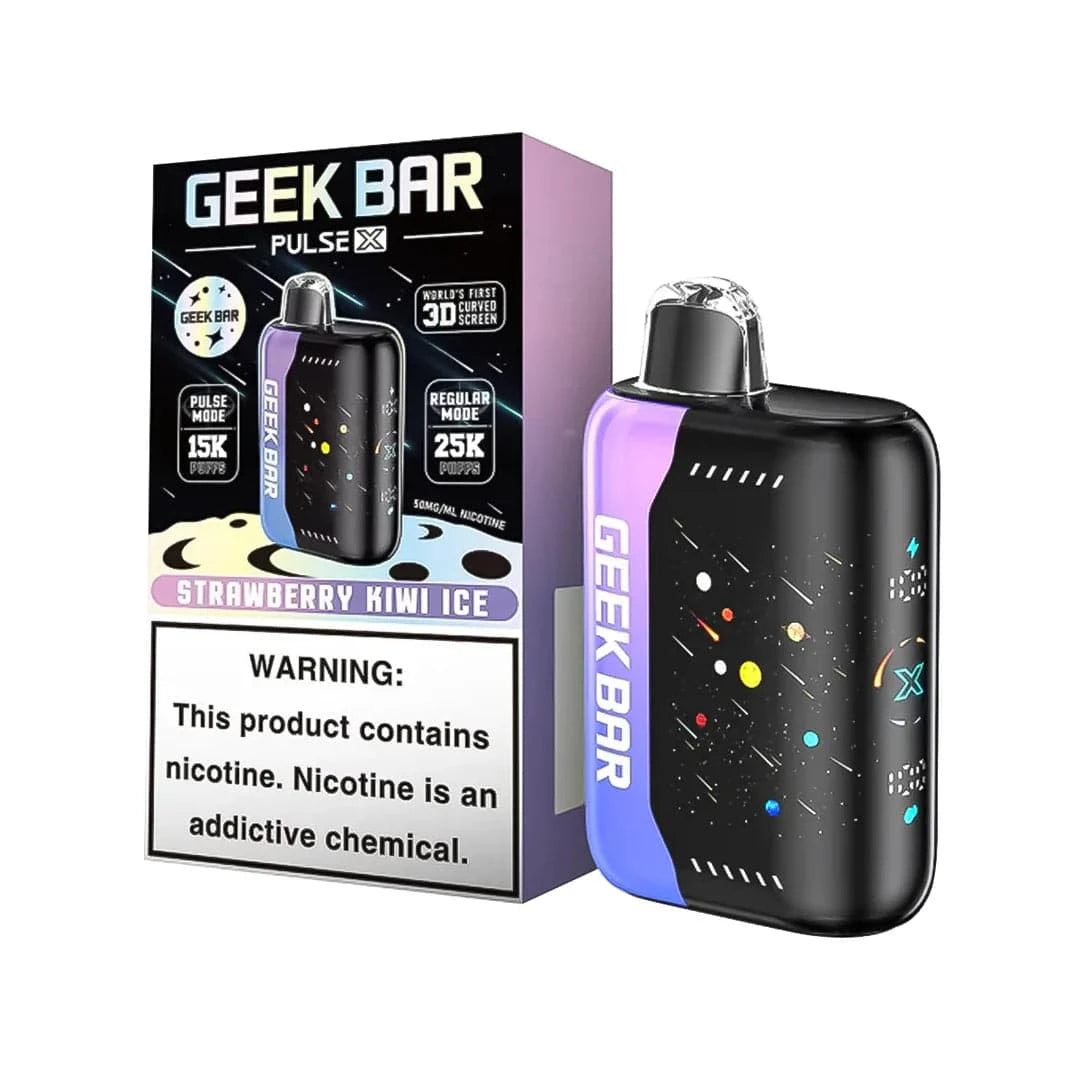 Geek Bar Pulse X 25K disposable vape with strawberry kiwi ice flavor, featuring dual modes and over 25,000 puffs.