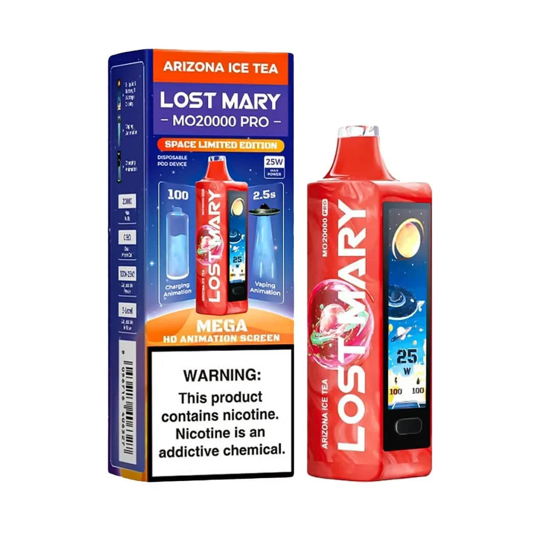 Lost Mary MO20000 Pro vape device with Arizona Ice Tea flavor, featuring sleek design and vibrant packaging.