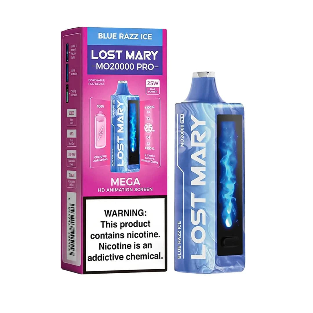 Lost Mary MO20000 Pro disposable vape in blue Razz Ice flavor with sleek design and colorful packaging.