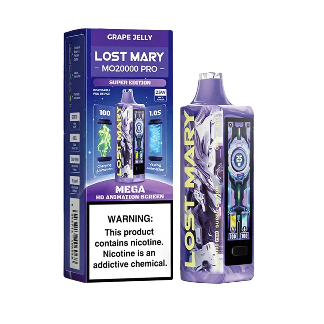 Lost Mary MO20000 Pro vape device with grape jelly flavor, shown in a close-up image highlighting the sleek design and colorful details.