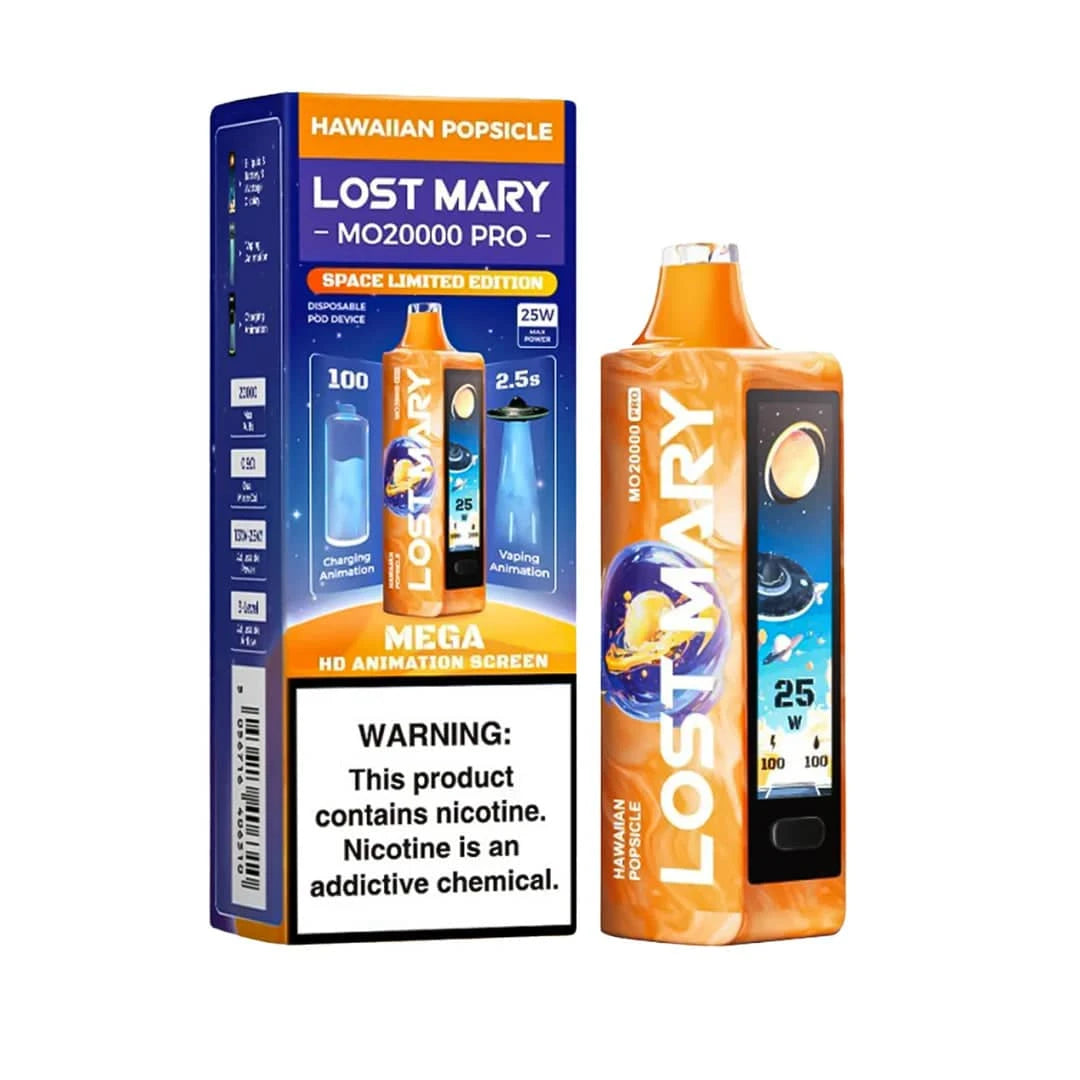 Lost Mary MO20000 Pro vape device featuring Hawaiian Popsicle flavor, shown with colorful design and compact size.