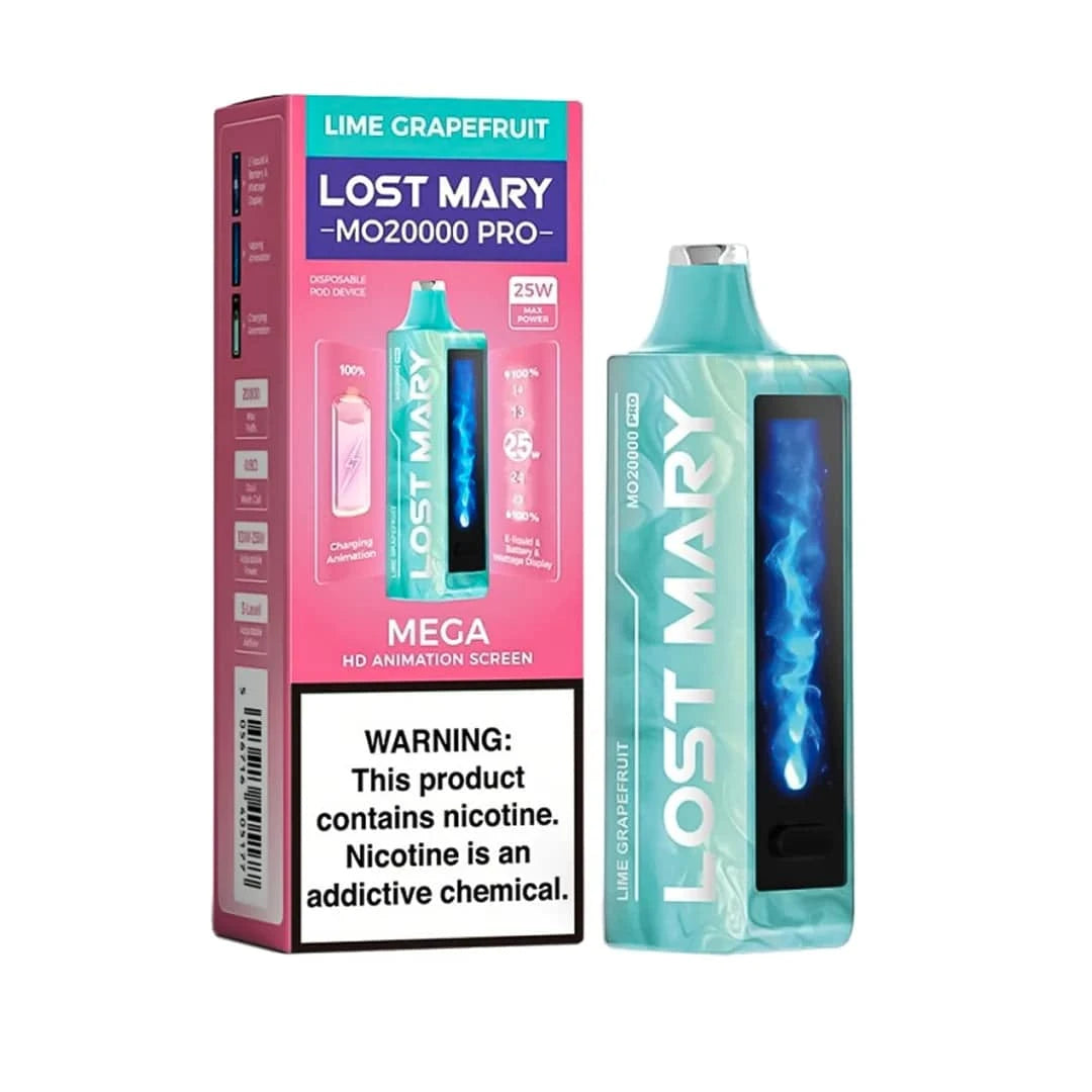 Lost Mary MO20000 Pro vape device with lime and grapefruit flavor, shown in a sleek design on a white background.