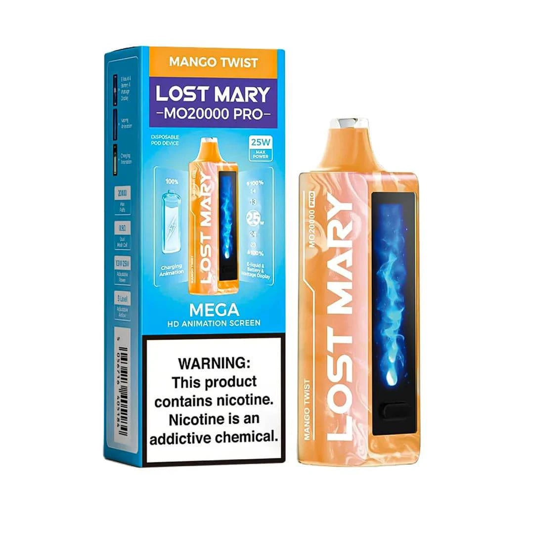 Lost Mary MO20000 Pro vape with Mango Twist flavor, showing the sleek device with vibrant mango and tropical design.