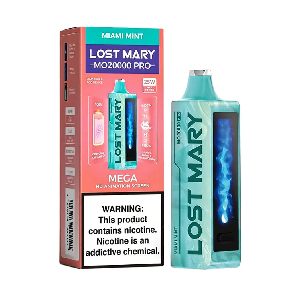 Lost Mary MO20000 Pro vape device in Miami Mint flavor, showcasing the sleek design and vibrant mint packaging.