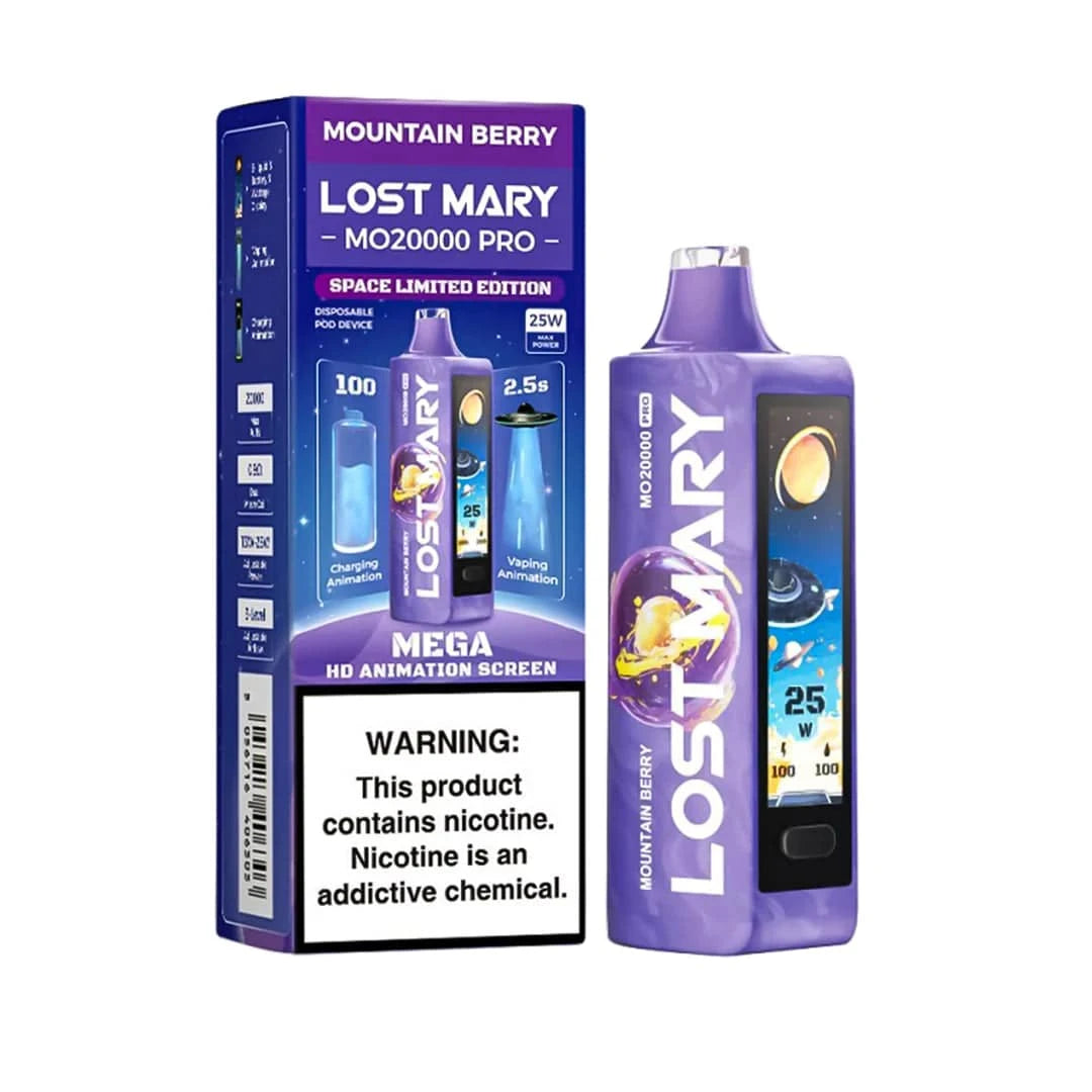 Lost Mary MO20000 Pro vape device with mountain berry flavor, shown in a sleek design with colorful branding on the front.