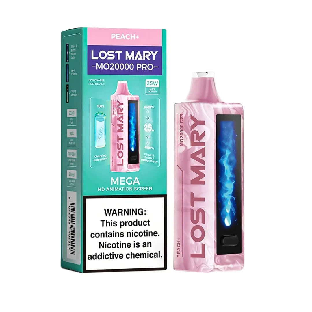 Lost Mary MO20000 Pro disposable vape in peach flavor, showing the sleek device with colorful branding and peach design.