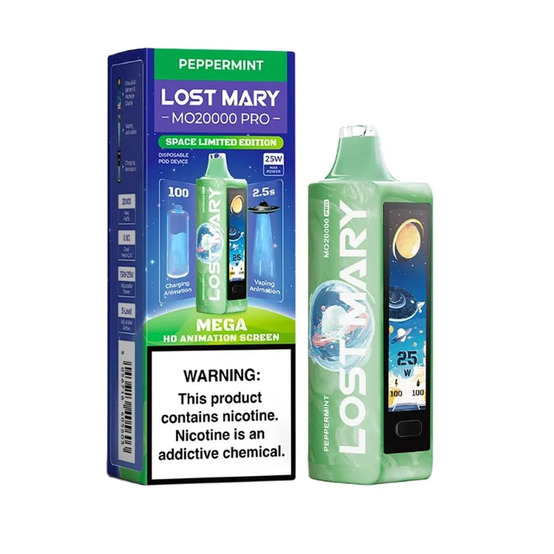 Lost Mary MO20000 Pro vape device with peppermint flavor, featuring sleek design and vibrant mint-colored exterior.
