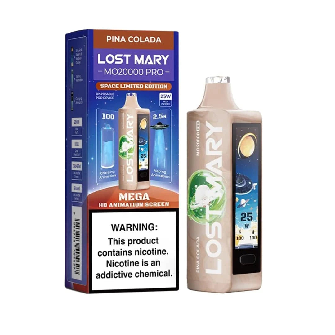 Lost Mary MO20000 Pro vape device with Pina Colada flavor, showing the sleek design and colorful branding.