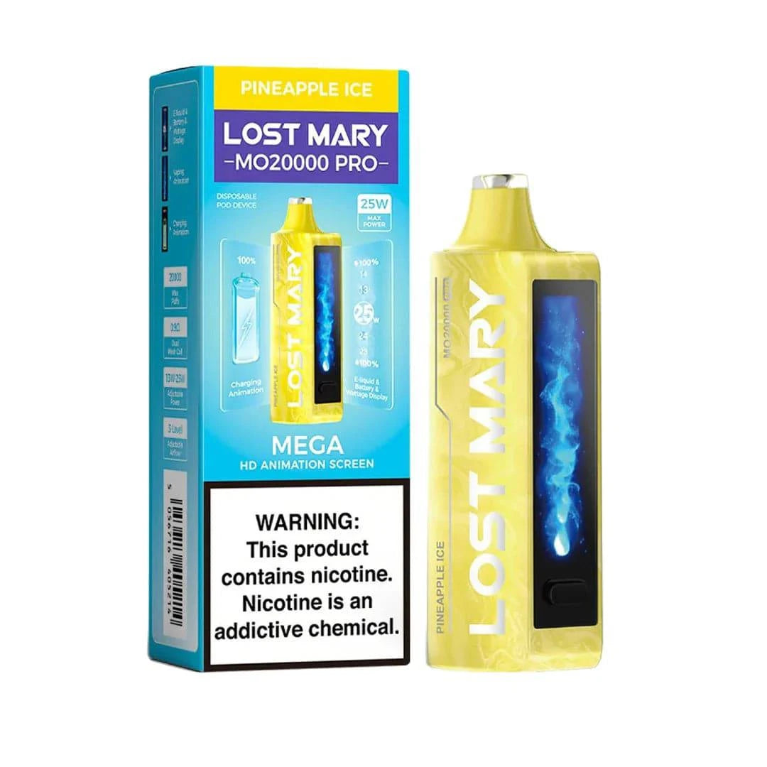 Lost Mary MO20000 Pro vape device with pineapple ice flavor, featuring a sleek design and vibrant colors.