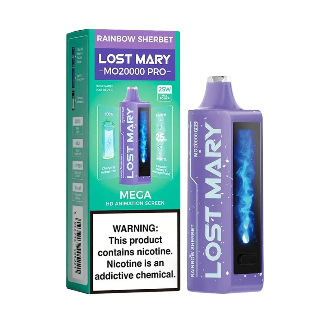 Lost Mary MO20000 Pro vape device in rainbow sherbet flavor, featuring vibrant colorful design and compact handheld size.