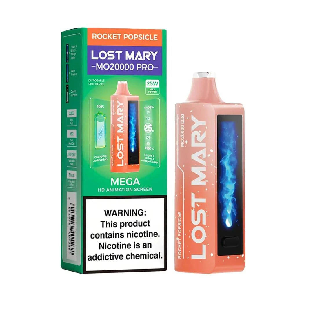 Lost Mary MO20000 Pro vape device with Rocket Popsicle flavor, featuring a sleek design and colorful packaging.
