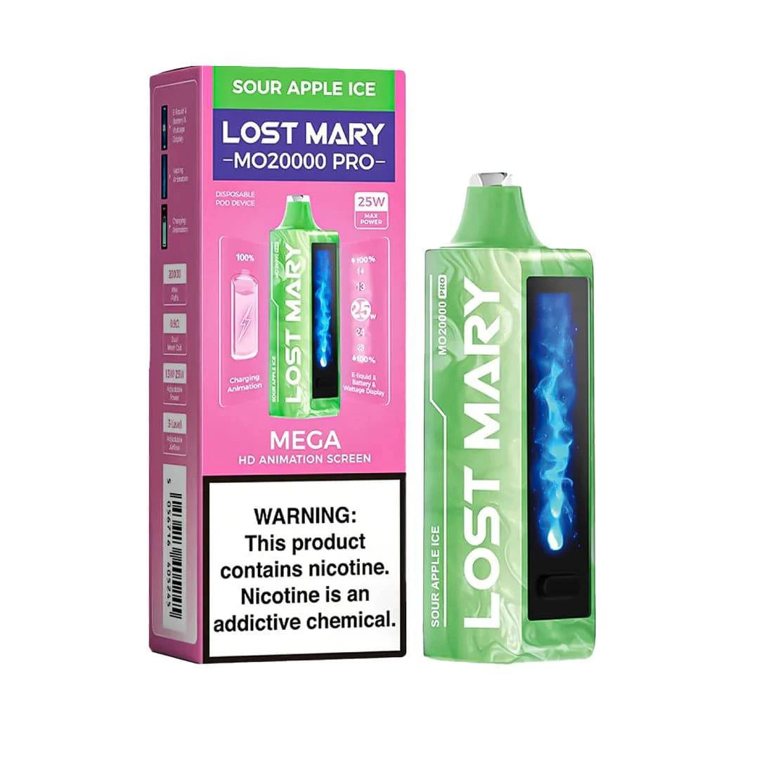 Lost Mary MO20000 Pro vape device with sour apple ice flavor, showcasing the sleek design and vibrant packaging.