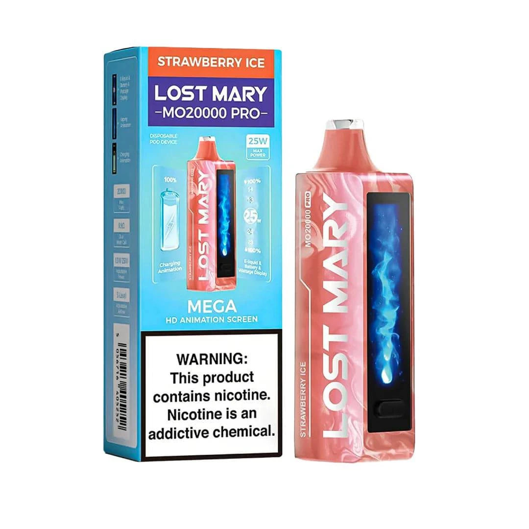 Lost Mary MO20000 Pro vape with strawberry ice flavor, showcasing the sleek device design on a neutral background.
