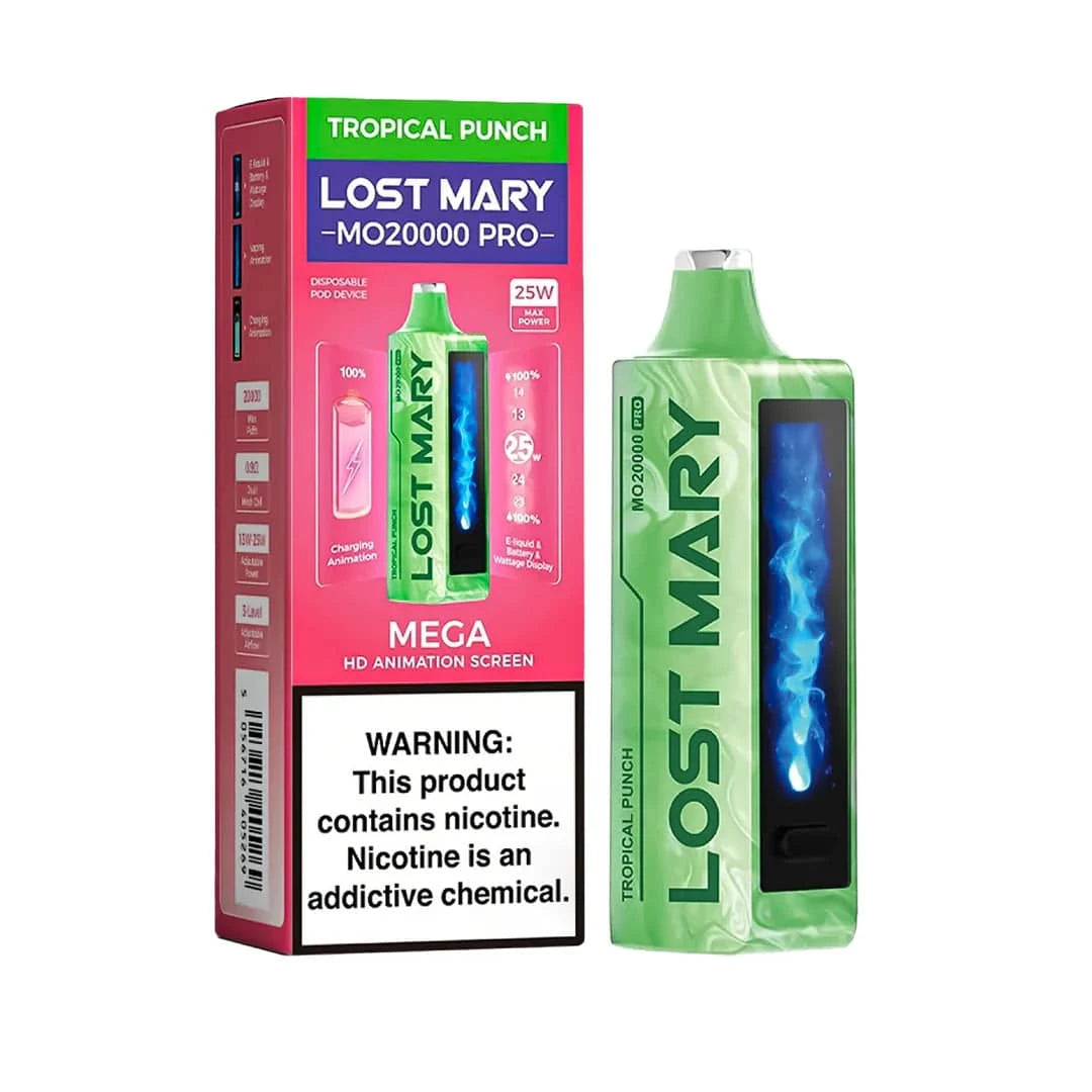 Lost Mary MO20000 Pro vape device with tropical punch flavor, showing the sleek design and colorful packaging.