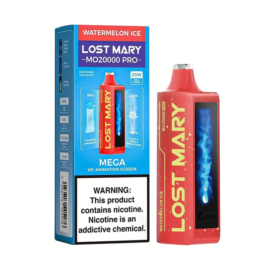 Lost Mary MO20000 Pro vape device with watermelon ice flavor, showing a sleek design and vibrant branding on the cartridge.