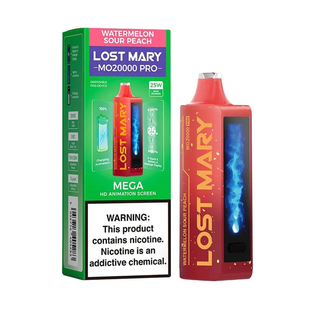 Lost Mary MO20000 Pro vape device with watermelon and sour peach flavor, featuring colorful design and sleek shape.