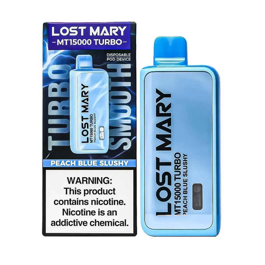 Lost Mary MT15000 Turbo disposable vape in peach blue slushy flavor, featuring sleek design and vibrant color.