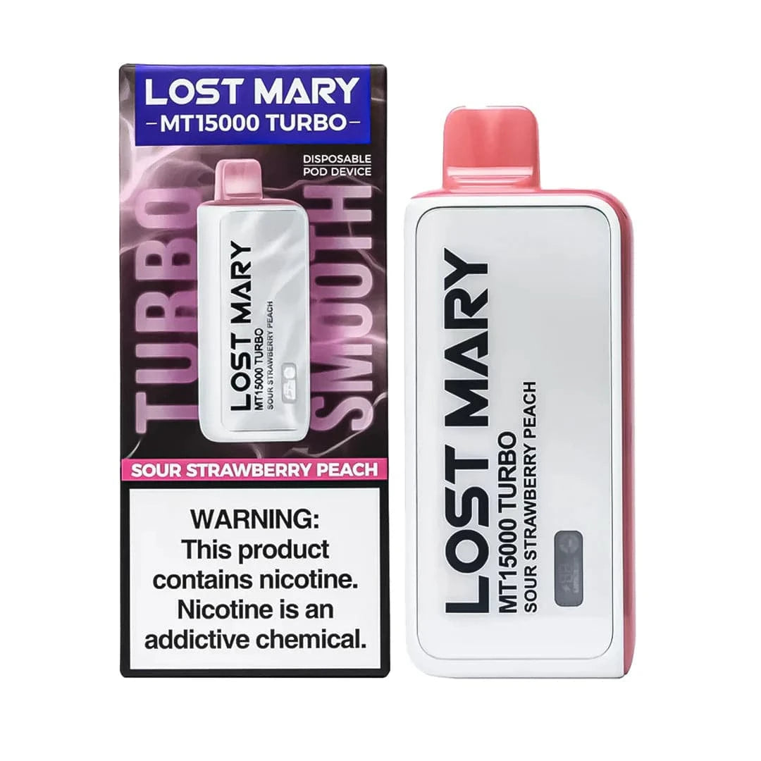 Lost Mary MT15000 Turbo disposable vape with sour strawberry peach flavor, featuring colorful packaging and sleek design.