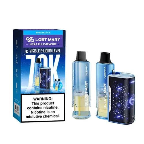 Lost Mary Nera Fullview 70K vape kit with blue razz ice flavor, featuring sleek design and clear view of the device.