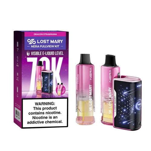 Lost Mary Nera Fullview 70K vape kit featuring a sleek design and colorful dragon strawberry graphics, ideal for vaping enthusiasts.