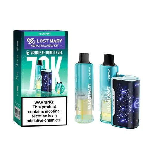 Lost Mary Nera Fullview 70K Pods in Miami Mint flavor, showing the sleek pod design and vibrant mint-green packaging.