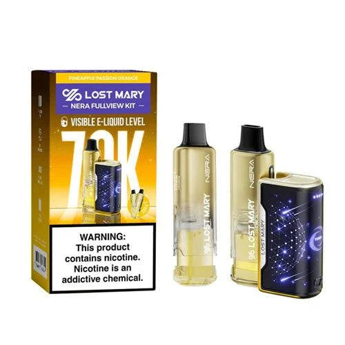 Lost Mary Nera Fullview 70K vape kit with pineapple and passion orange flavor, featuring colorful packaging and sleek design.