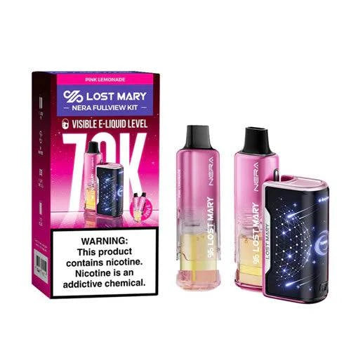 Lost Mary Nera Fullview 70K vape kit in pink lemonade flavor, featuring a sleek device with colorful design and full view tank.