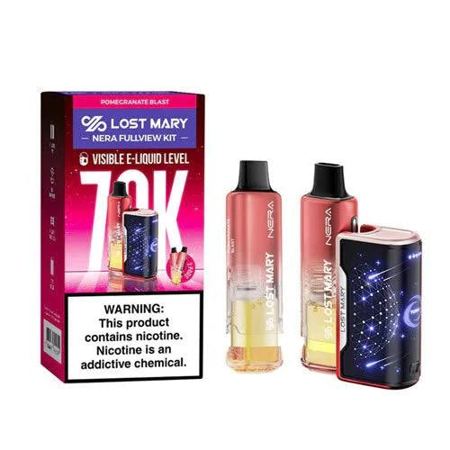 Lost Mary Nera Fullview 70K vape kit with pomegranate blast flavor, featuring sleek design and full-view e-liquid window.
