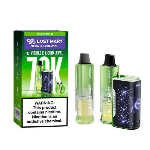 Lost Mary Nera Fullview 70K vape kit with sour apple ice flavor, featuring vibrant packaging and sleek design.