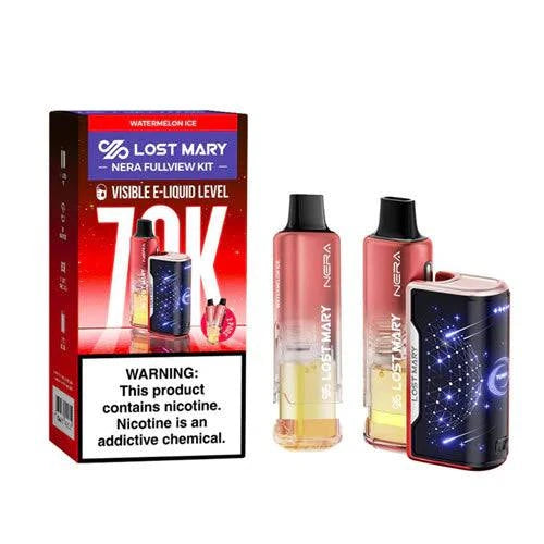 Lost Mary Nera Fullview 70K vape kit with watermelon ice flavor, featuring a sleek design and fullview vapor chamber.