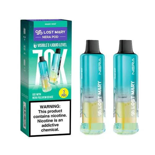 Lost Mary Nera Fullview 70K vape pod with Miami Mint flavor, featuring sleek design and transparent tank for easy e-liquid view